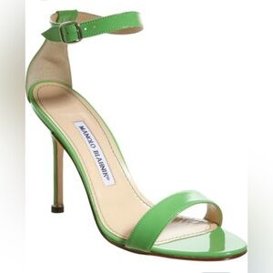 Manolo Blahnik Lime Green Chaos Patent Leather Ankle Strap Sandals 💚